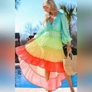 Champagne & Strawberry Colorblock Tiered Maxi Dress Size M